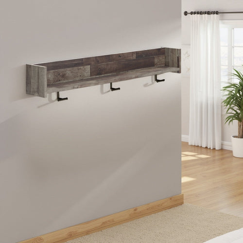 Ashley Elis Wall Mounted Coat Rack with 3 Hooks and Shelf, Butcher Block Gray