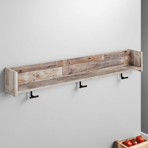Ashley Elis Wall Mounted Coat Rack, 3 Hooks and Shelf, Butcher Block White