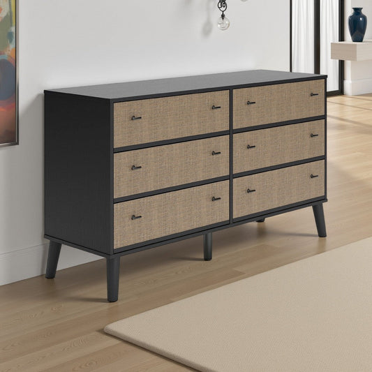Ashley Hwan Wide Dresser with 6 Drawers, 59 Inch Beige and Matte Black Wood