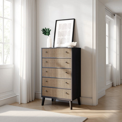 Ashley Hwan Tall Dresser Chest with 5 Drawers, Splayed Legs, Matte Black Wood