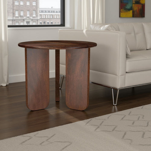 Novo Side End Table, 24 Inch, Three Panel Legs, Brown Mango Wood