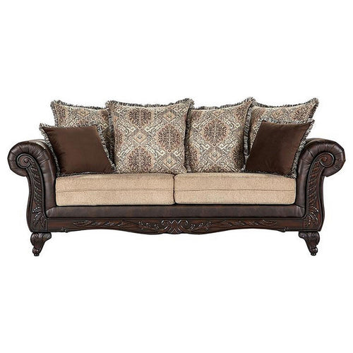 Miva Sofa 93 Inch w Pillows, Classic Rolled Arms, Brown Faux Leather