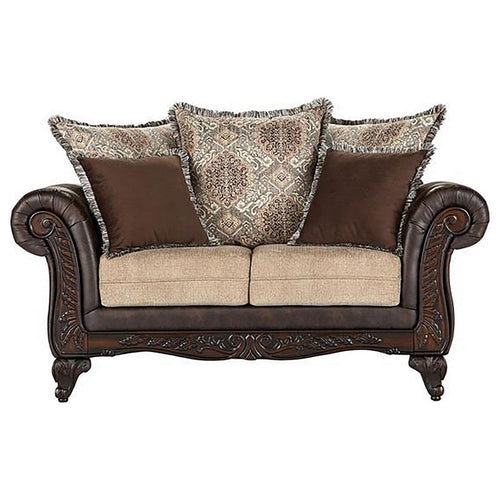 Miva Loveseat w Pillows, Classic Rolled Arms, Brown Faux Leather