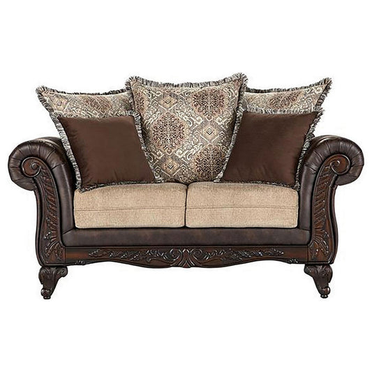 Miva Loveseat w Pillows, Classic Rolled Arms, Brown Faux Leather
