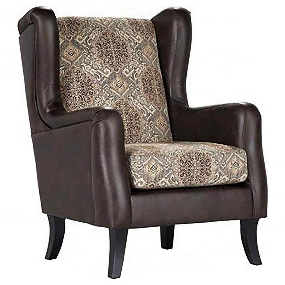 Miva Armchair, 33 Inch, Jacquard, Classic Wingback Brown Faux Leather