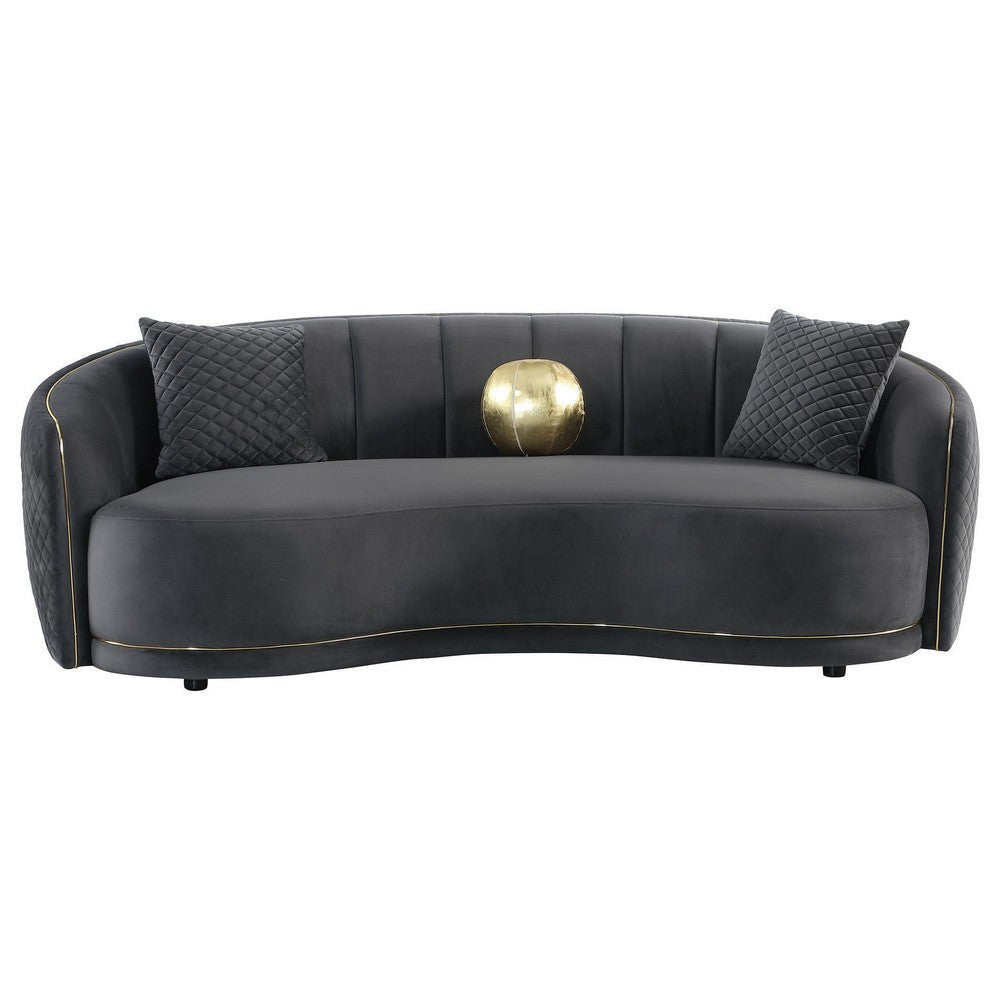 Buo Curved Sofa 92 Inch Dark Gray Polyester Gold Trim 3 Pillows BM330055