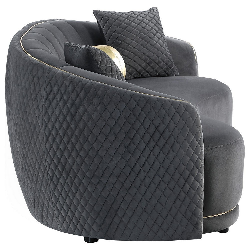 Buo Curved Sofa 92 Inch Dark Gray Polyester Gold Trim 3 Pillows BM330055