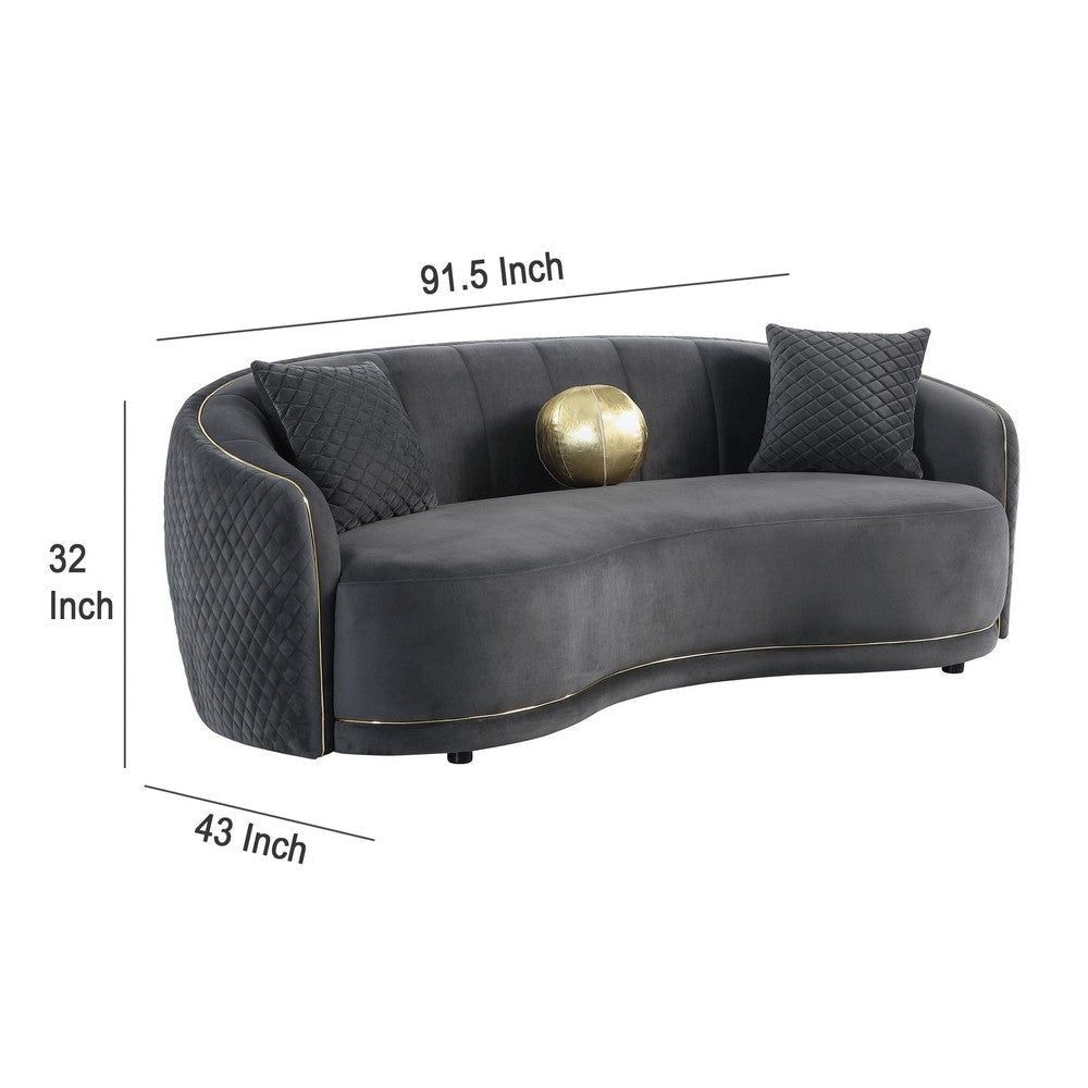 Buo Curved Sofa 92 Inch Dark Gray Polyester Gold Trim 3 Pillows BM330055