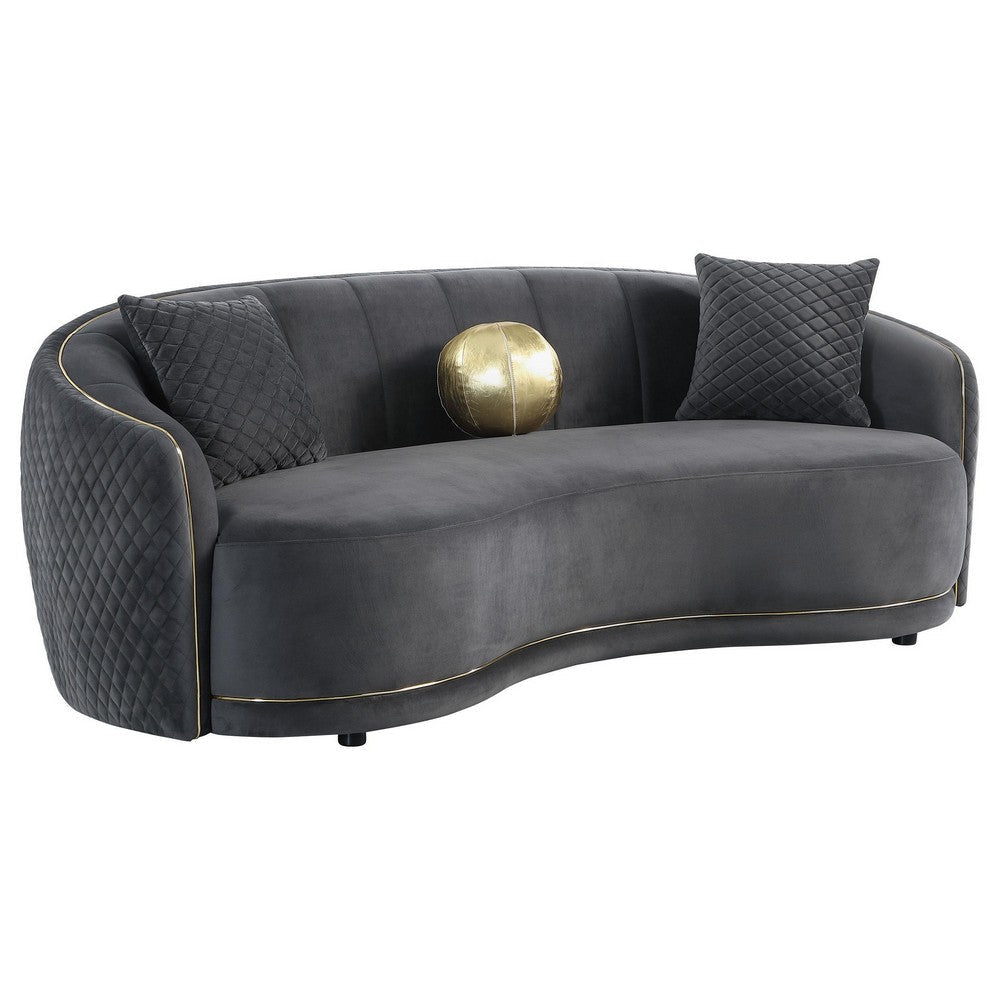 Buo Curved Sofa 92 Inch Dark Gray Polyester Gold Trim 3 Pillows BM330055