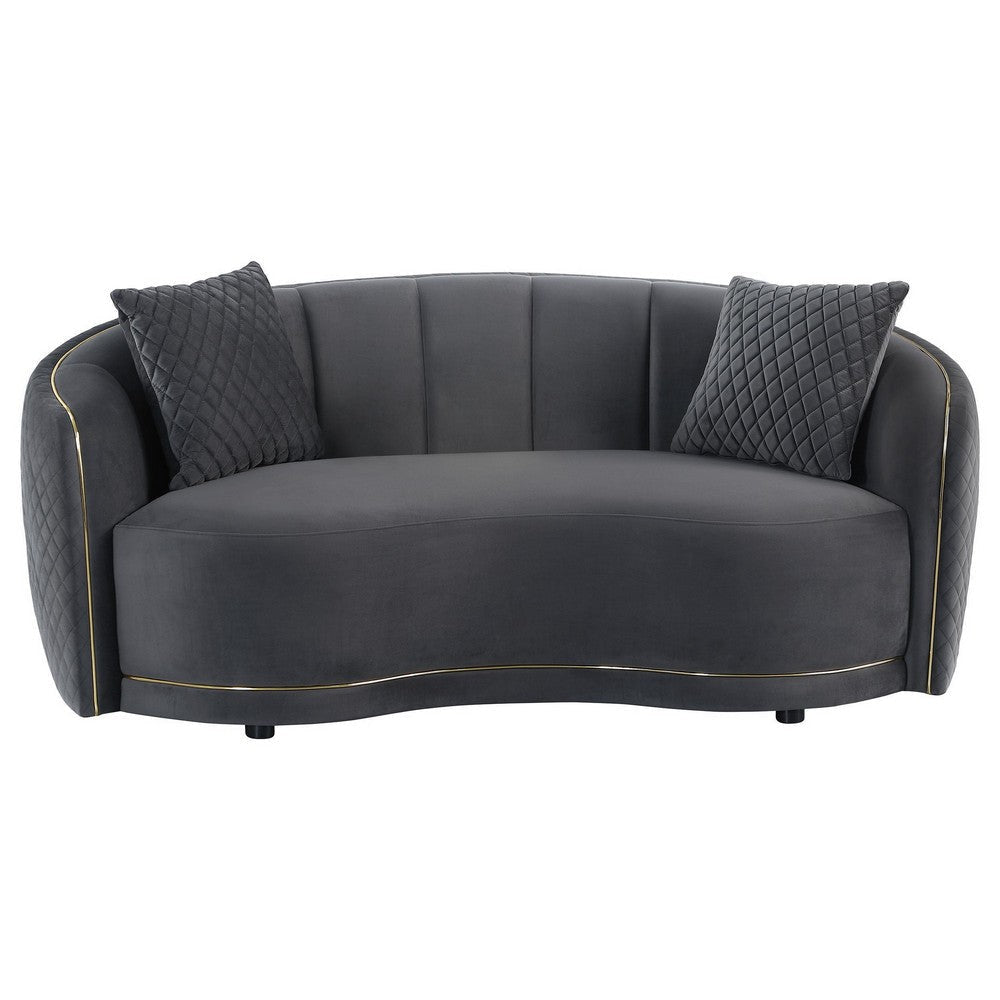 Buo Curved Loveseat 73 Inch Dark Gray Polyester Gold Trim 2 Pillows BM330056