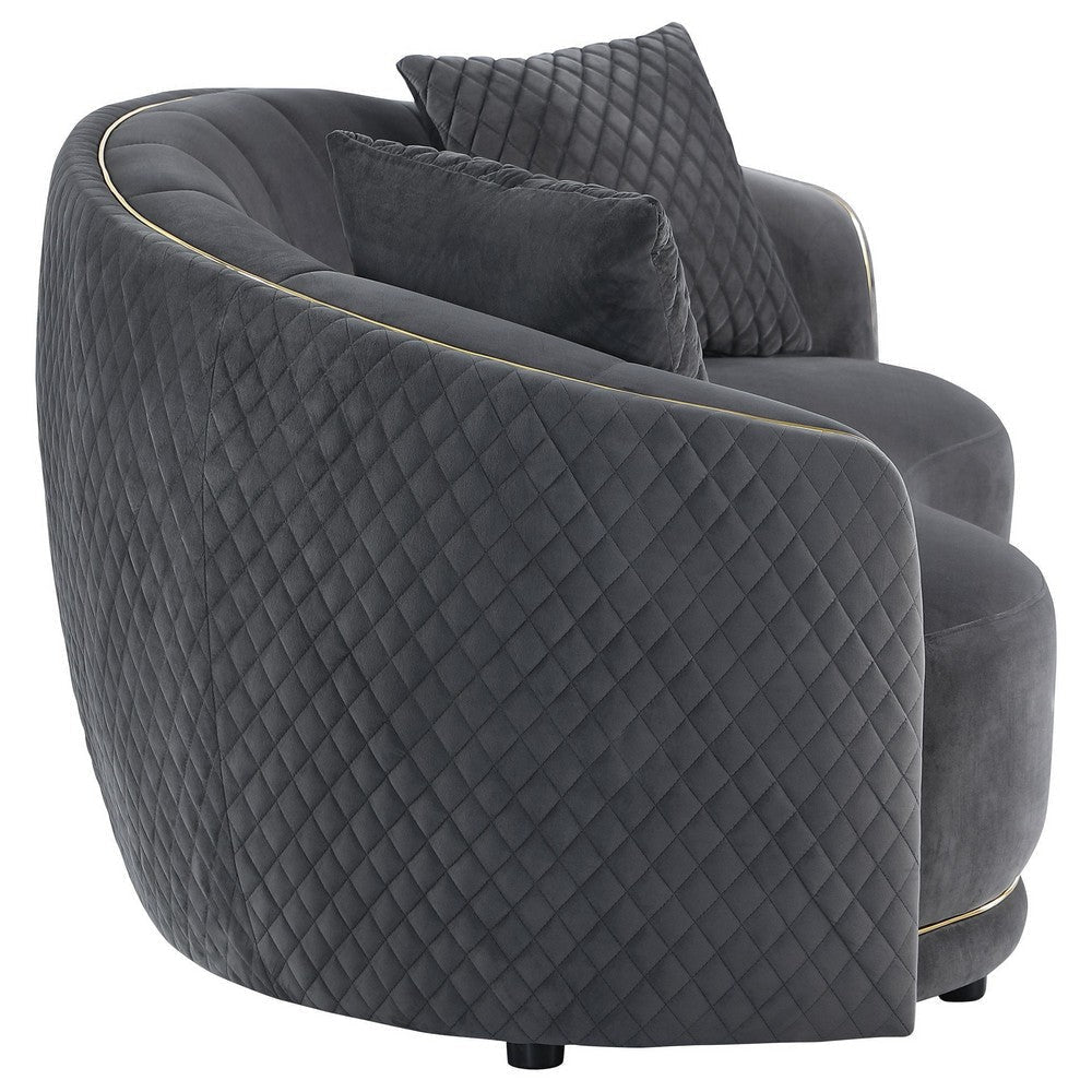 Buo Curved Loveseat 73 Inch Dark Gray Polyester Gold Trim 2 Pillows BM330056