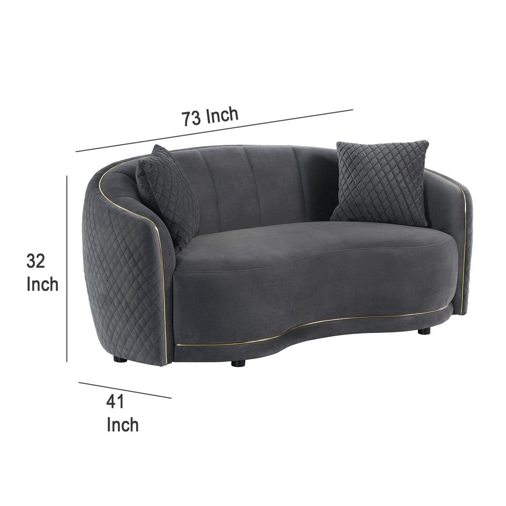 Buo Curved Loveseat 73 Inch Dark Gray Polyester Gold Trim 2 Pillows BM330056