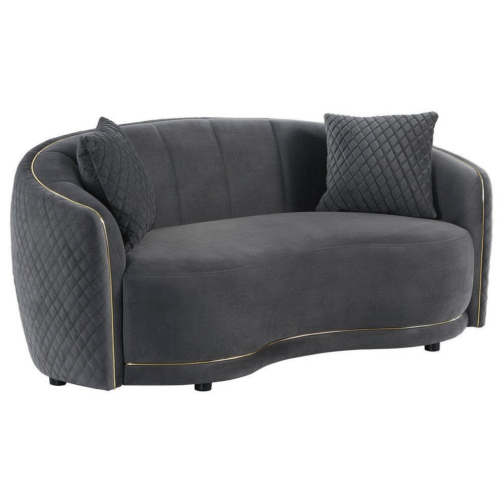 Buo Curved Loveseat 73 Inch Dark Gray Polyester Gold Trim 2 Pillows BM330056
