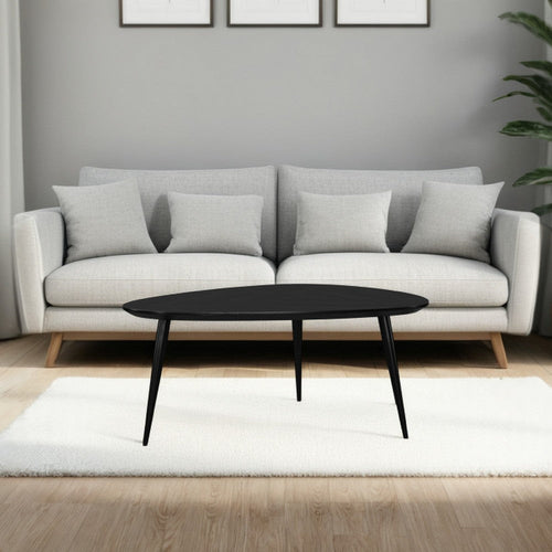 Deso Coffee Table, 39 Inch Triangular Black Mango Wood, Metal Legs