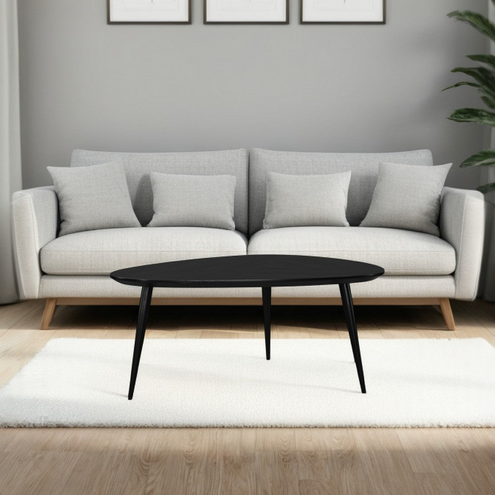 Deso Coffee Table, 39 Inch Triangular Black Mango Wood, Metal Legs