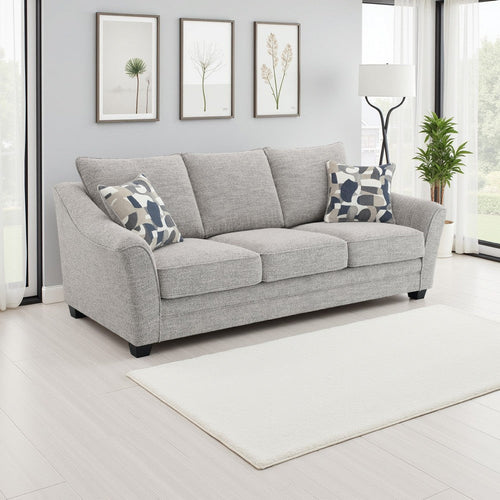Kito Sofa, 84 Inch Modern Light Gray Fabric, 2 Accent Throw Pillows