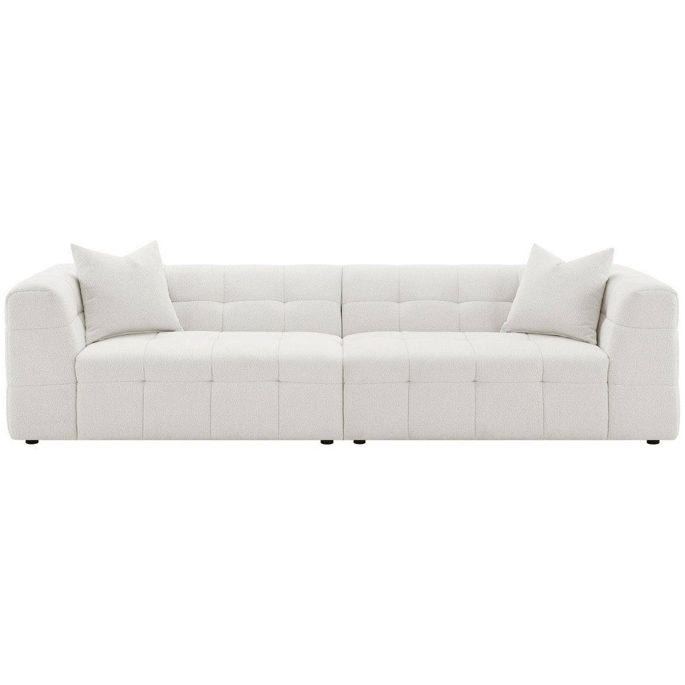 Lopo 114 Inch Long Sofa Grid Tufted Off White Fabric 2 Accent Pillows BM330072