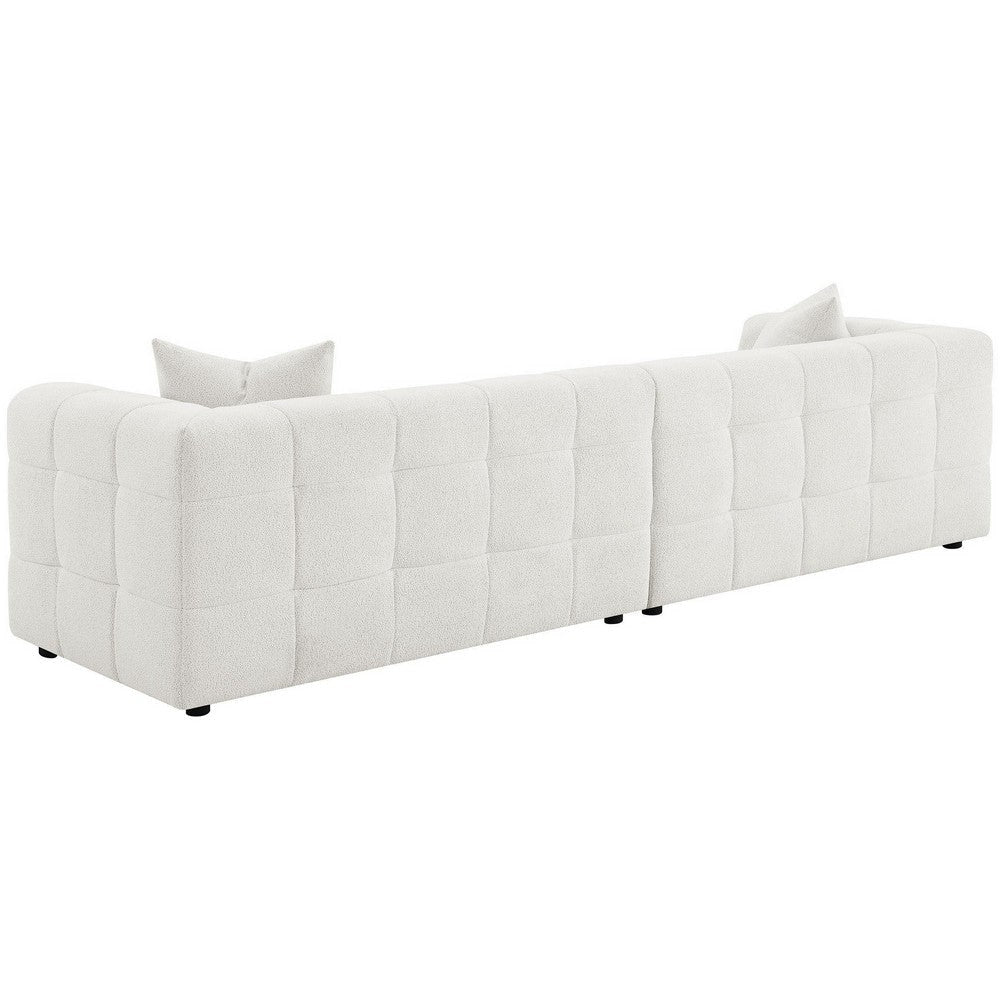 Lopo 114 Inch Long Sofa Grid Tufted Off White Fabric 2 Accent Pillows BM330072