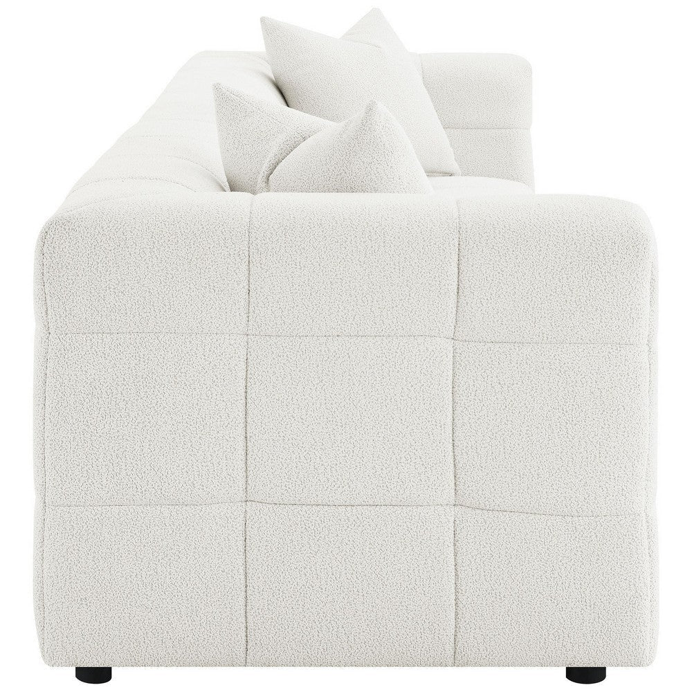 Lopo 114 Inch Long Sofa Grid Tufted Off White Fabric 2 Accent Pillows BM330072