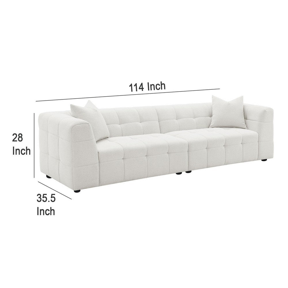 Lopo 114 Inch Long Sofa Grid Tufted Off White Fabric 2 Accent Pillows BM330072