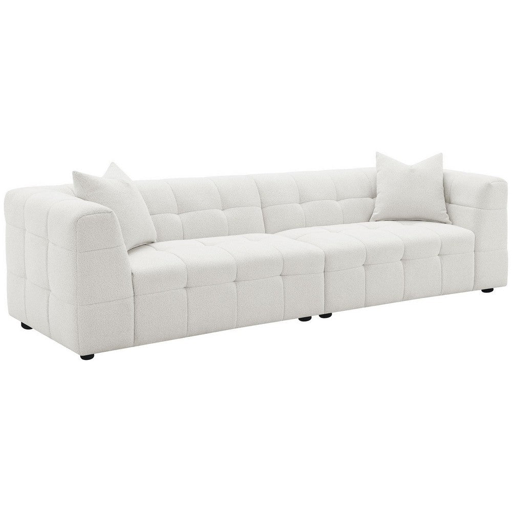 Lopo 114 Inch Long Sofa Grid Tufted Off White Fabric 2 Accent Pillows BM330072