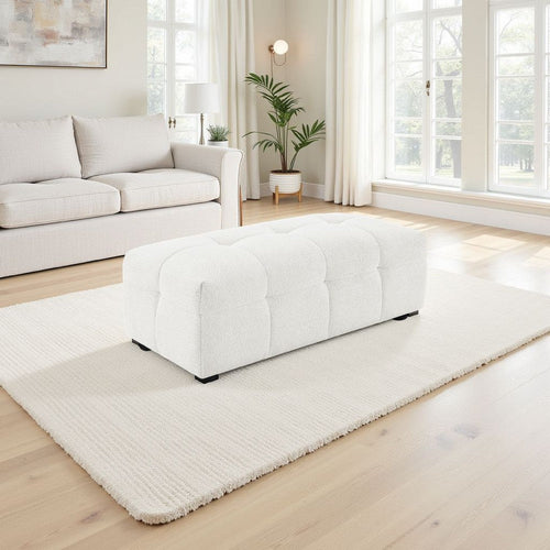 Lopo Ottoman, 46 Inch, Off White Fabric, Modern Geometric Grid Tufted