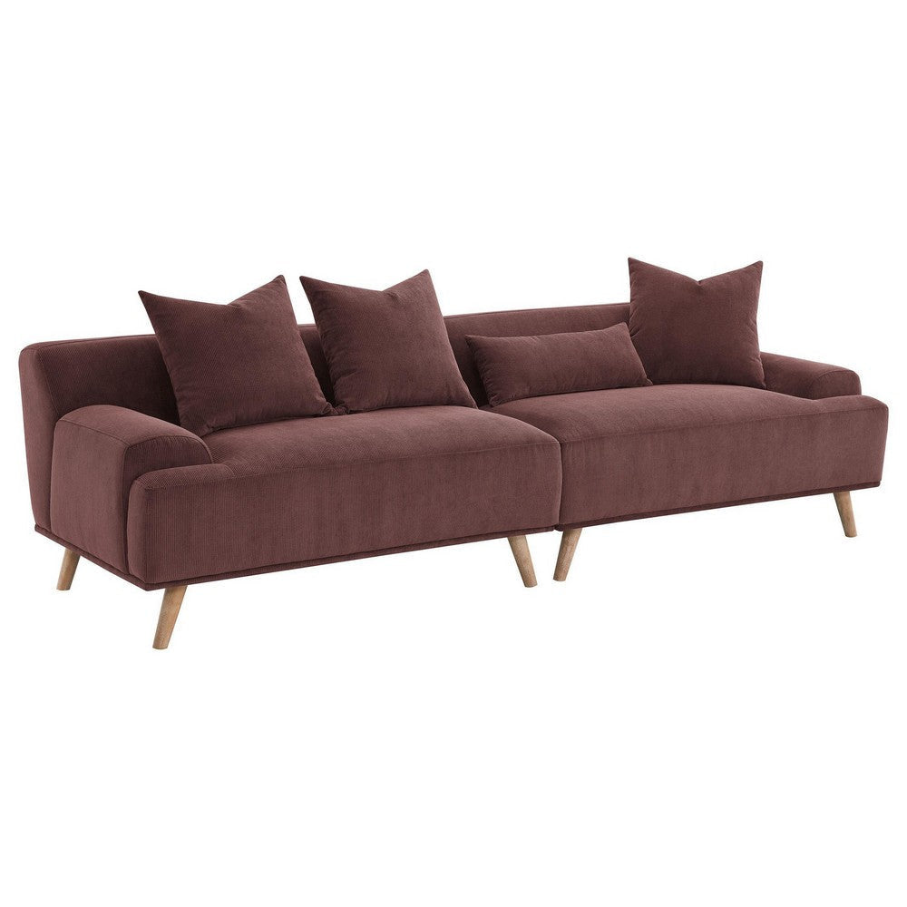 Beno Long Sofa 103 Inch Retro Burgundy Red Corduroy 4 Throw Pillows BM330076