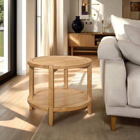Camilia Side End Table, 23 Inch Round Top, 1 Shelf, Natural Brown