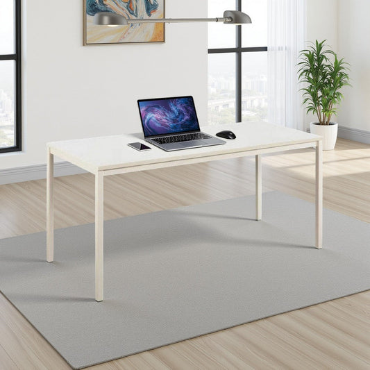 Rary Computer Desk, 47 Inch, White Metal Frame, Matching Wood Top