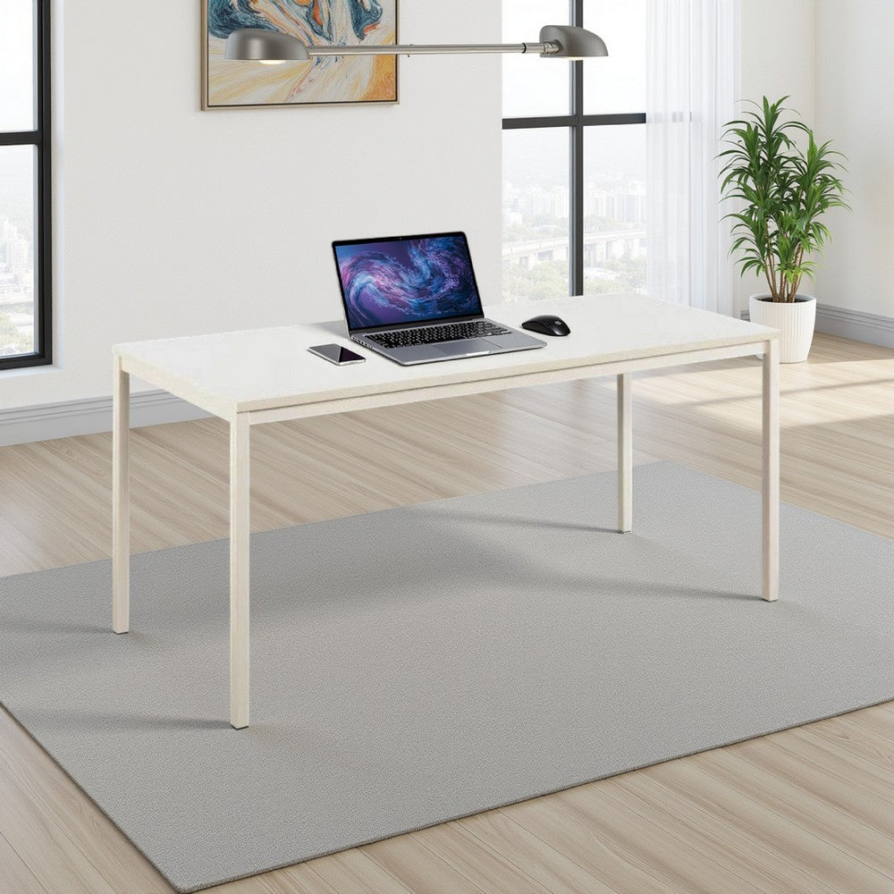 Rary Computer Desk, 47 Inch, White Metal Frame, Matching Wood Top