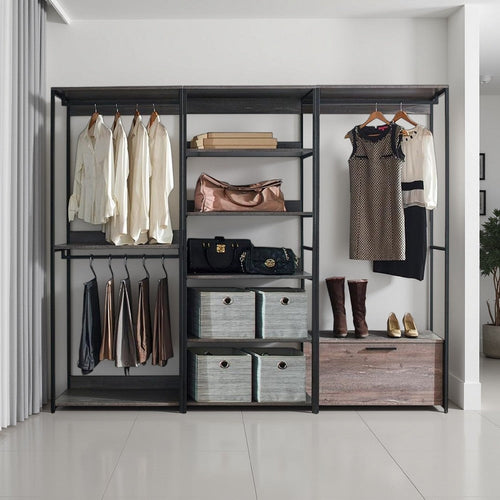 Gin Modular Closet System, 3 Hanging Rods, 8 Shelves, Black Metal