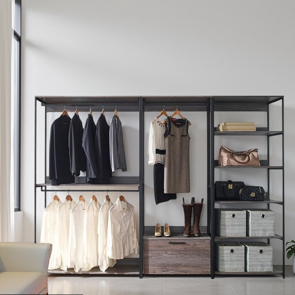 Gin Modular Closet System, 8 Shelves, 3 Hanging Rods, Black Metal