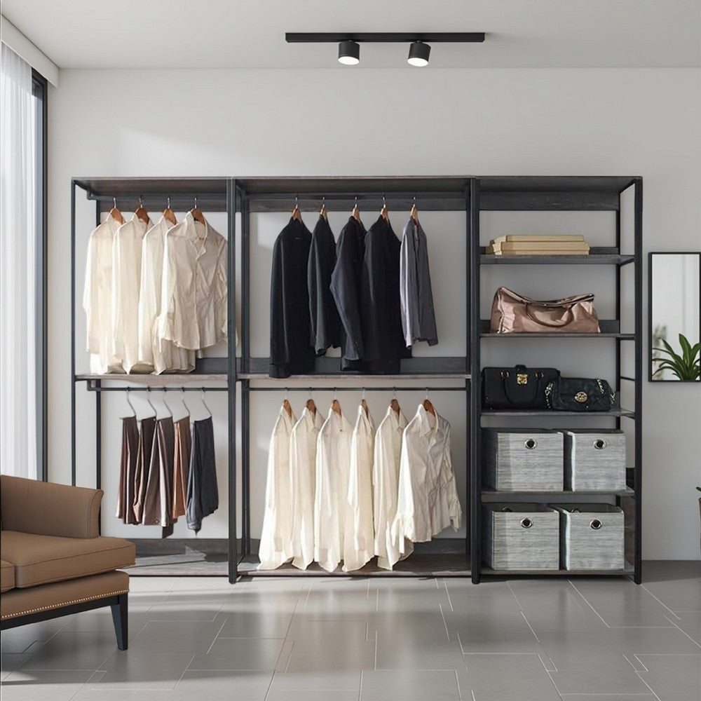 Gin Modular Closet System, 9 Shelves, 4 Hanging Rods, Black Metal