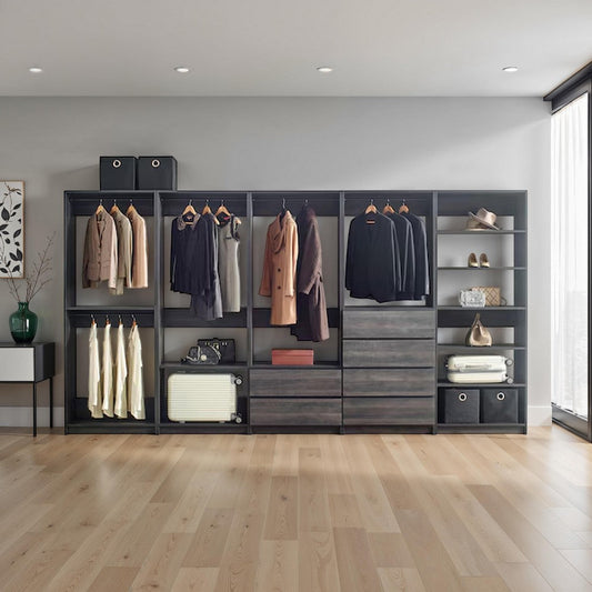 Dee Modular Closet System, 12 Shelf, 5 Hanging Rods, Gray Wood Finish