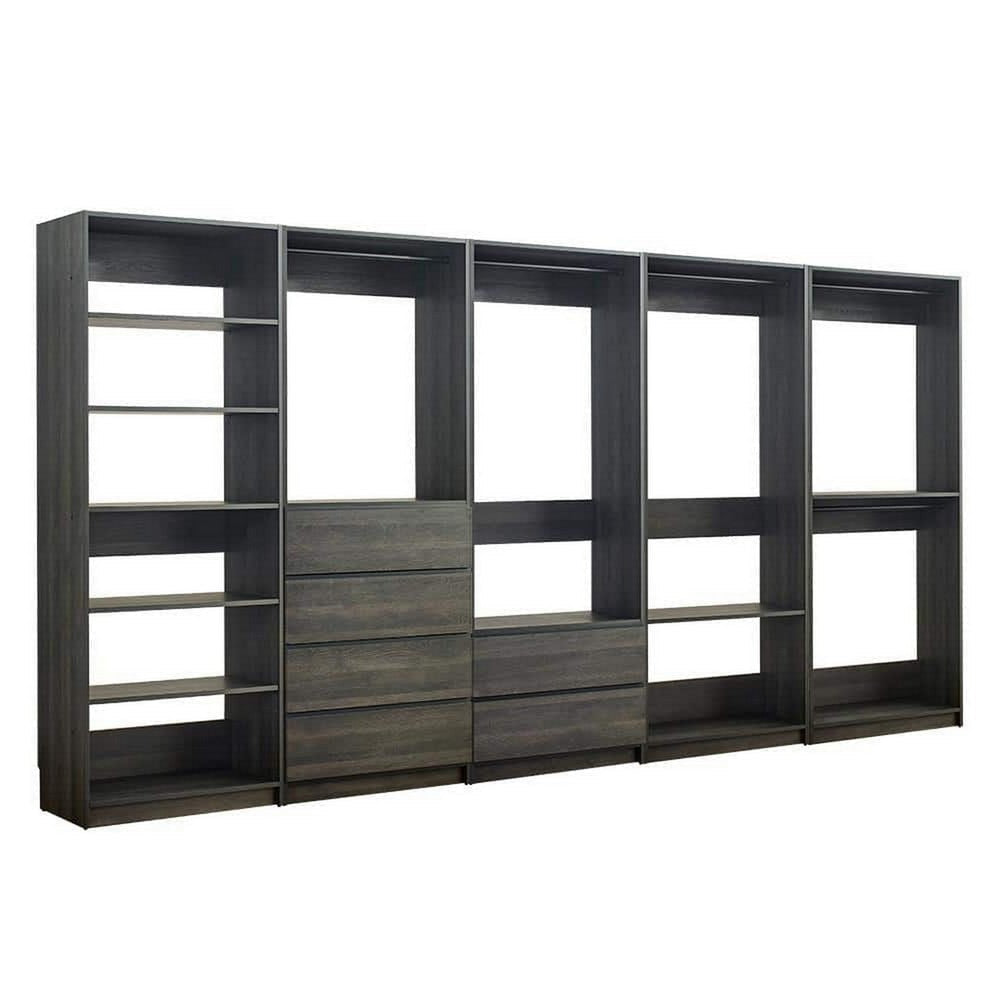Dee Modular Closet System, 12 Shelf, 5 Hanging Rods, Gray Wood Finish