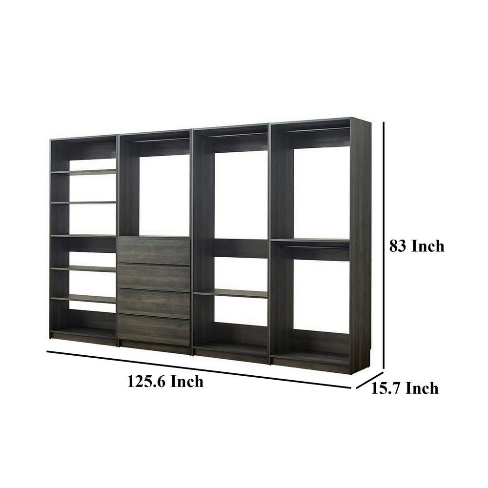 Dee Modular Closet System 11 Shelf 4 Hanging Rods Gray Wood Finish BM330099