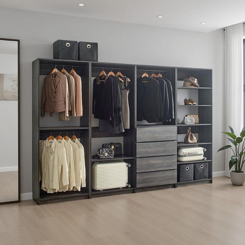 Dee Modular Closet System, 11 Shelf, 4 Hanging Rods, Gray Wood Finish
