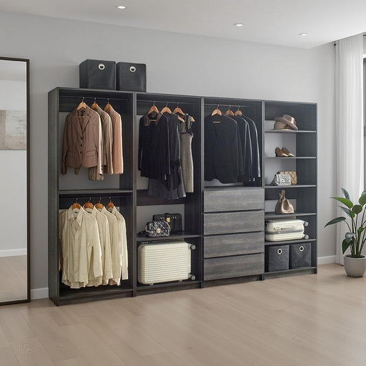 Dee Modular Closet System, 11 Shelf, 4 Hanging Rods, Gray Wood Finish