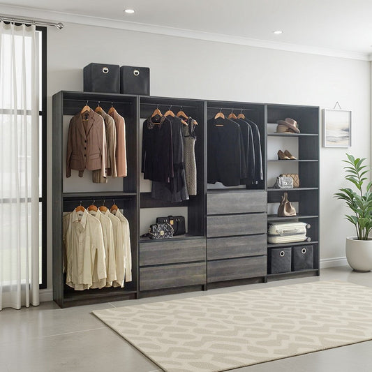 Dee Modular Closet System, 10 Shelf, 3 Hanging Rods, Gray Wood Finish