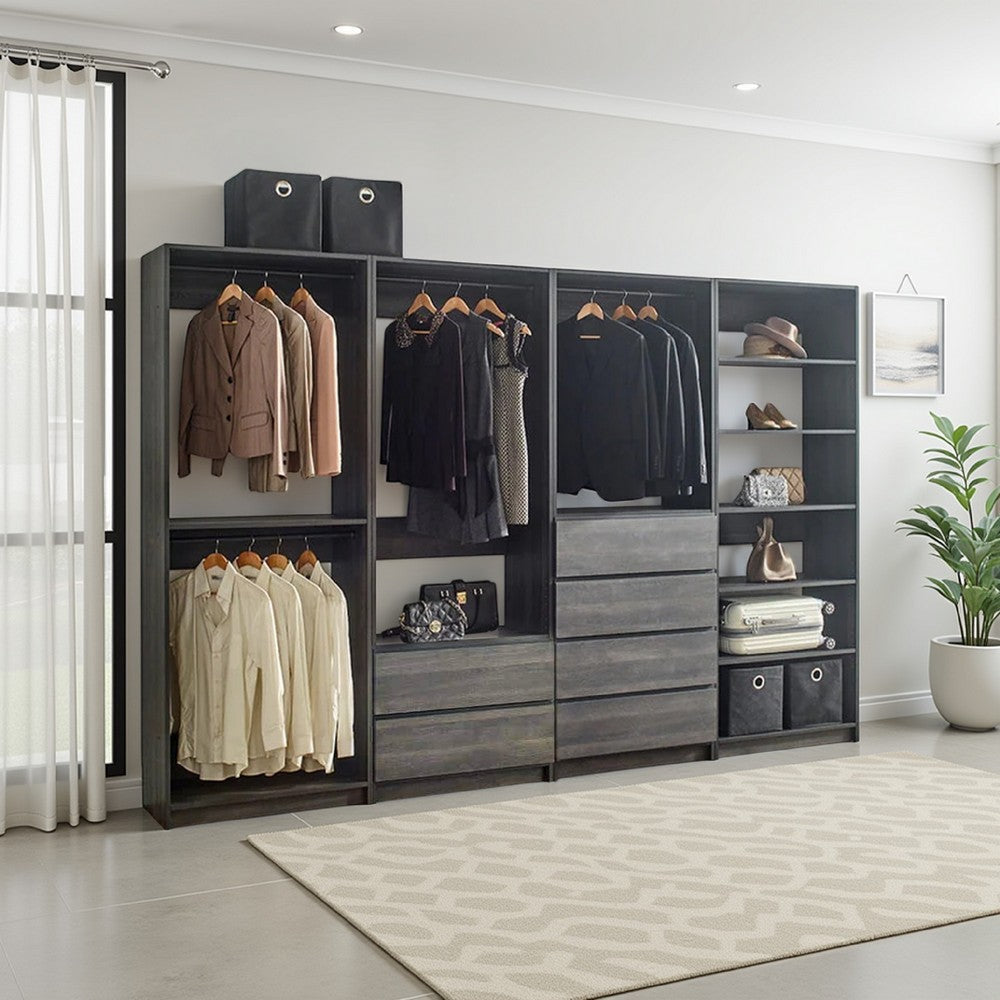 Dee Modular Closet System, 10 Shelf, 3 Hanging Rods, Gray Wood Finish