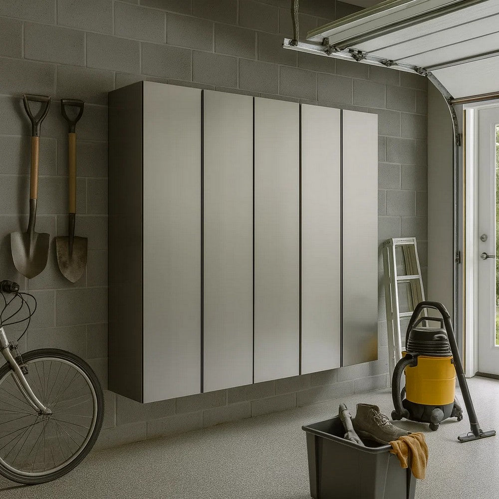 Asti Garage 3 Piece Storage Cabinet, 6 Doors, 94 Inch Gray Metallic