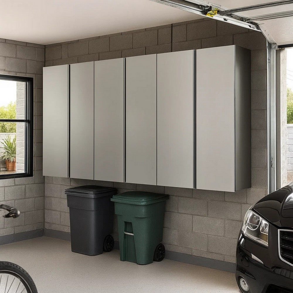 Asti Garage 3 Piece Storage Cabinet, 6 Doors, 94 Inch Gray Metallic