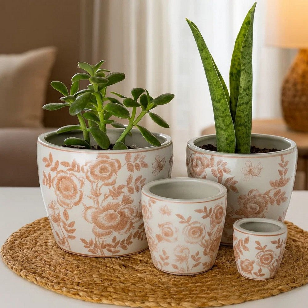 Kerry Accent Planter Pot Set of 4, Pink Floral Pattern, White Ceramic