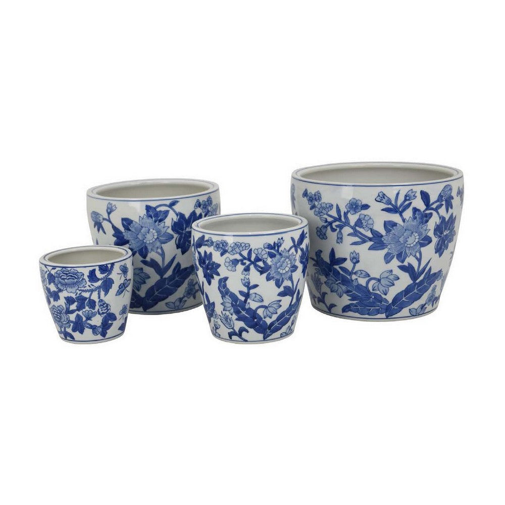 Kerry Accent Planter Pot Set of 4 Blue Floral Pottery White Ceramic