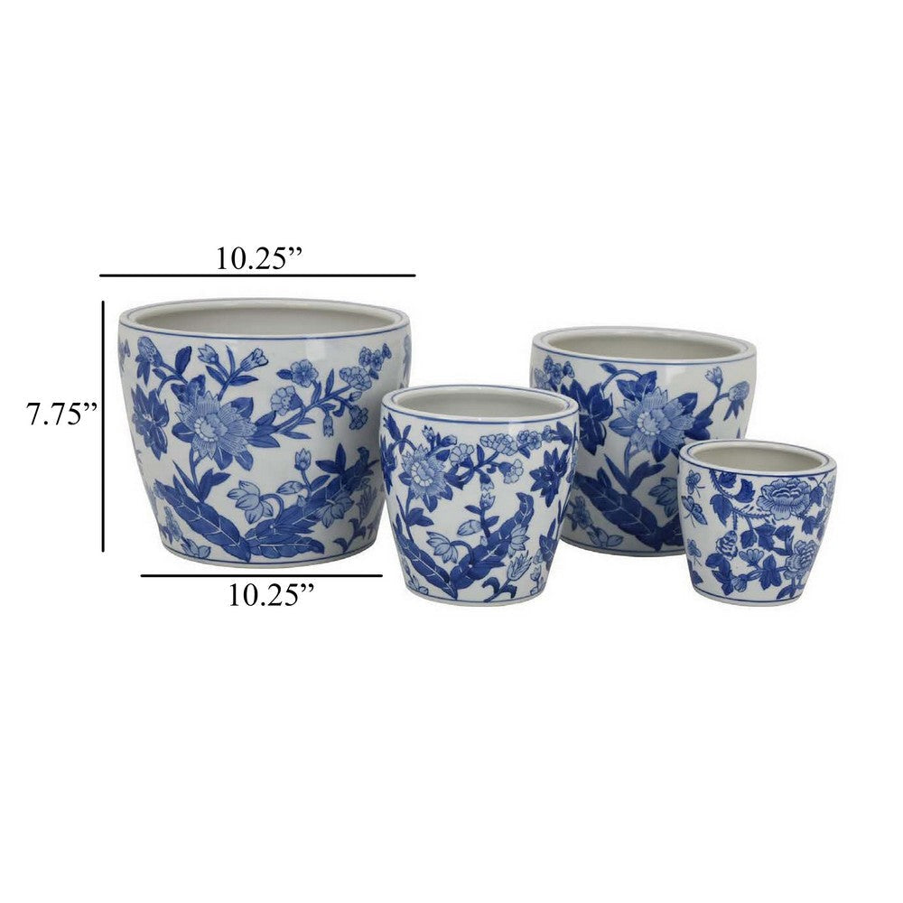Kerry Accent Planter Pot Set of 4 Blue Floral Pottery White Ceramic