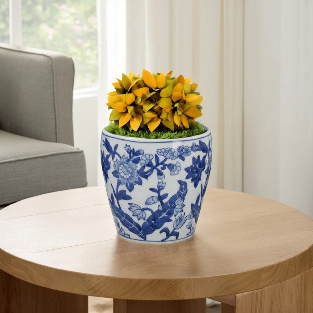 Kerry Accent Planter Pot Set of 4, Blue Floral Pottery, White Ceramic