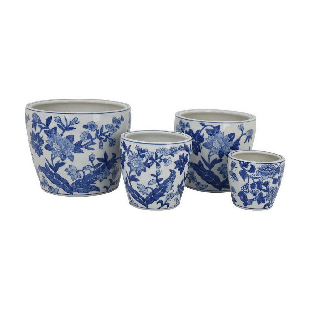 Kerry Accent Planter Pot Set of 4, Blue Floral Pottery, White Ceramic