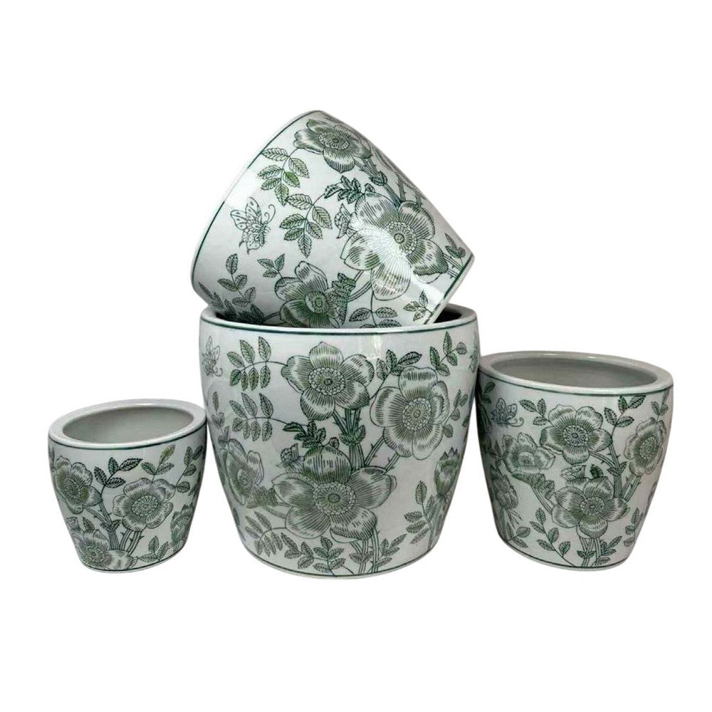 Kerry Accent Planter Pot Set of 4 Green Floral Pattern White Ceramic