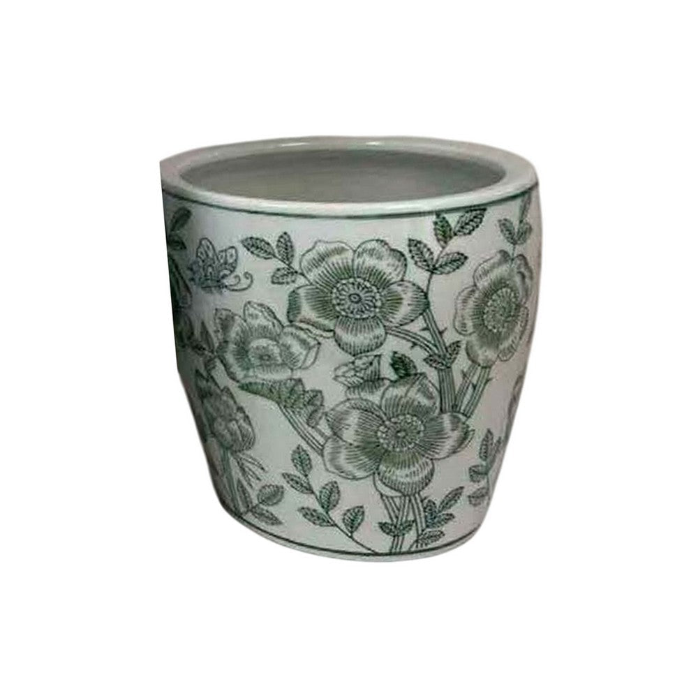 Kerry Accent Planter Pot Set of 4 Green Floral Pattern White Ceramic