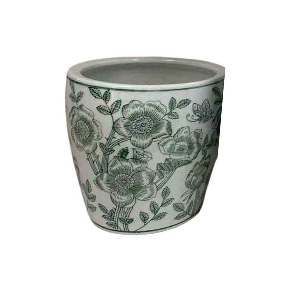 Kerry Accent Planter Pot Set of 4 Green Floral Pattern White Ceramic